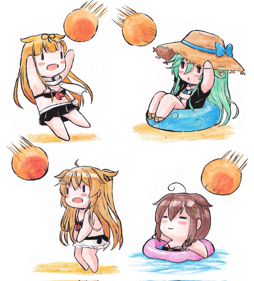 4girls ahoge ball bangs bikini bikini_skirt black_bikini blonde_hair blush bow braid breasts brown_hair chibi closed_eyes green_hair hair_between_eyes hair_flaps hair_ribbon hat hat_bow highres innertube kantai_collection long_hair multiple_girls murasame_(kancolle) open_mouth poipoi_purin remodel_(kantai_collection) ribbon sailor_bikini sailor_collar scarf shigure_(kancolle) single_braid smile straw_hat swimsuit white_scarf yamakaze_(kancolle) yuudachi_(kancolle)