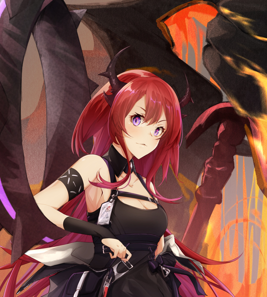 1girl absurdres arknights collar demon_girl demon_horns fingerless_gloves gloves highres holding holding_weapon horns huge_filesize long_hair looking_at_viewer mydeviant redhead spiked_collar spikes surtr_(arknights) sword violet_eyes weapon
