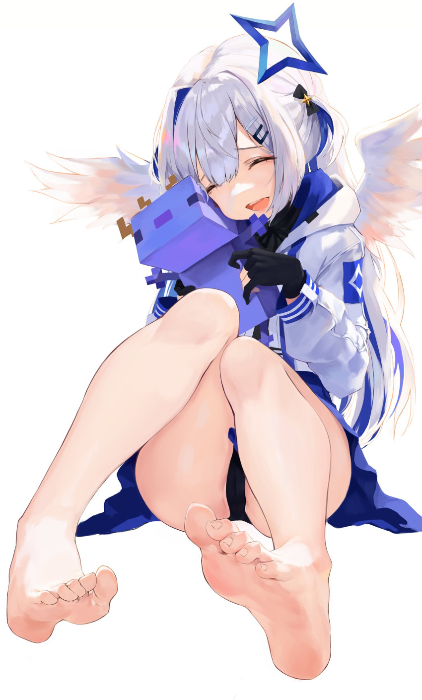 1girl absurdres amane_kanata angel_wings animal_hug axolotl axolotl_(minecraft) bare_legs barefoot black_panties closed_eyes feet gloves halo highres hiki_niito hololive hood hooded_jacket jacket minecraft multicolored_hair no_shoes panties partially_fingerless_gloves silver_hair skirt two-tone_hair underwear virtual_youtuber white_background wings