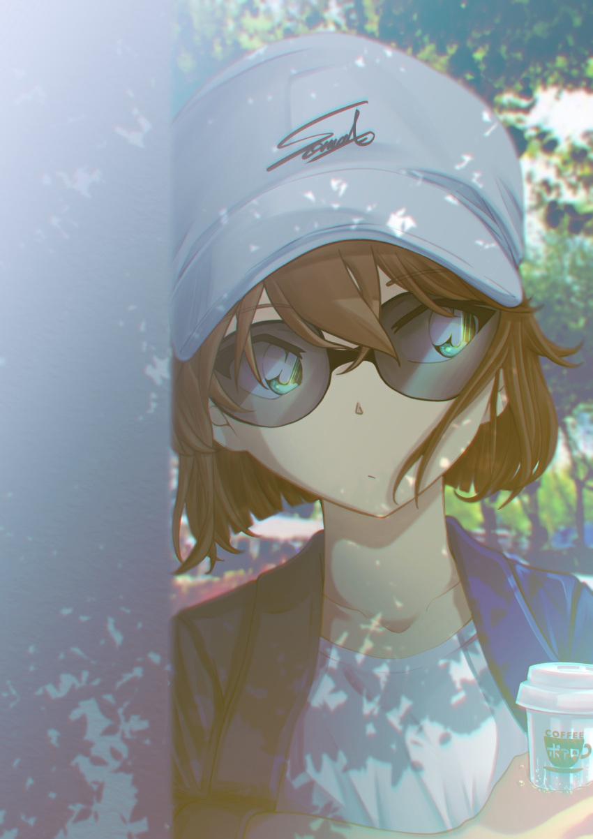 1girl bangs blue_jacket brown_hair closed_mouth coffee_cup collarbone commentary_request cup dappled_sunlight disposable_cup eyebrows_visible_through_hair haibara_ai hair_between_eyes hat highres holding holding_cup jacket meitantei_conan open_clothes open_jacket outdoors shirt short_hair sideways_glance signature solo sooma4869 sunglasses sunlight tree tree_shade upper_body white_headwear white_shirt