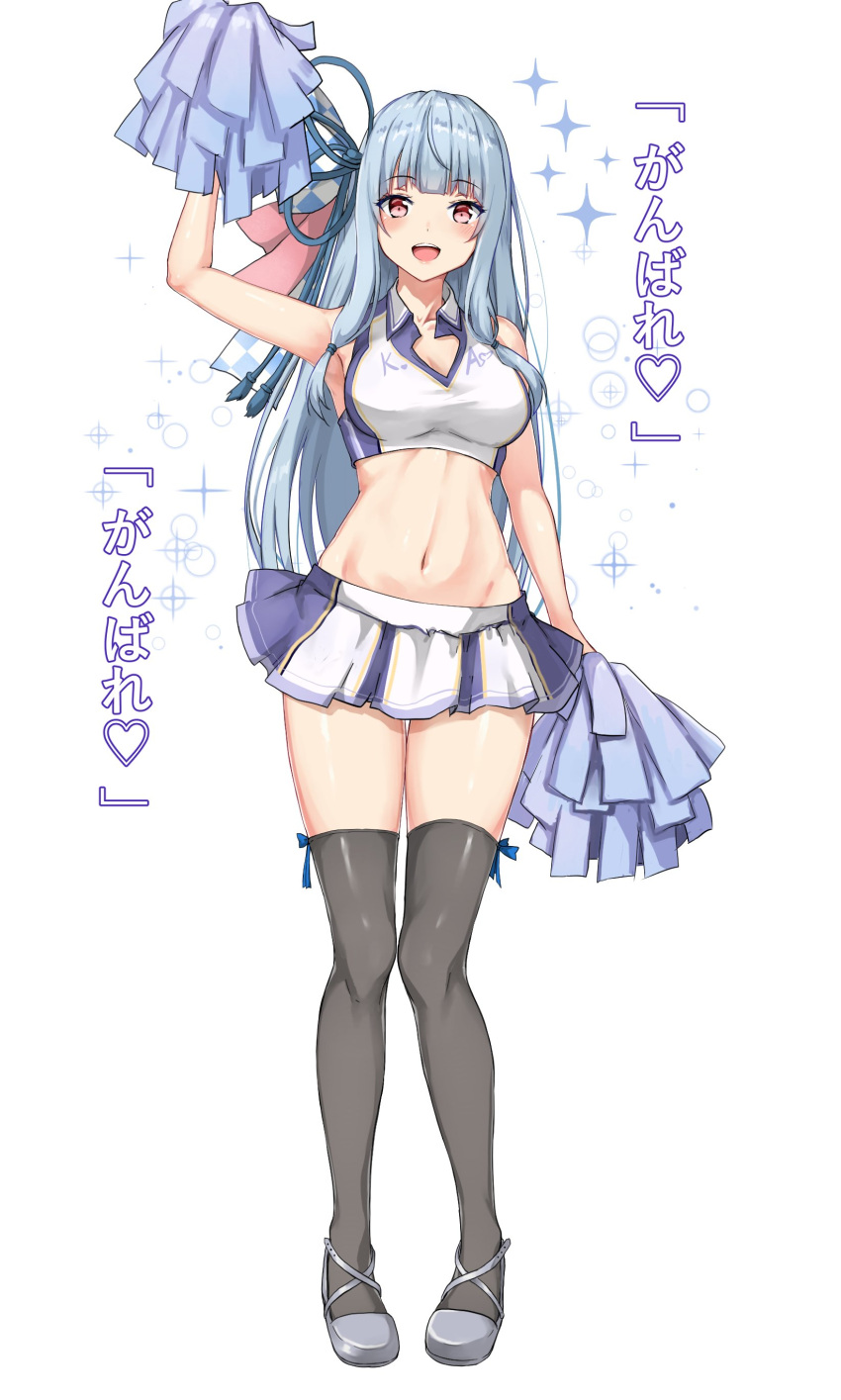 1girl absurdres amagi_(amagi626) arm_up bangs bare_shoulders blue_hair blue_ribbon blunt_bangs breasts cheerleader collared_crop_top collared_shirt crop_top full_body groin hair_ribbon highres holding holding_pom_poms kotonoha_aoi long_hair midriff miniskirt navel open_mouth pom_pom_(cheerleading) red_eyes ribbon shirt shoes sidelocks simple_background skirt smile solo sparkle thigh-highs tied_hair translation_request upper_teeth voiceroid white_background