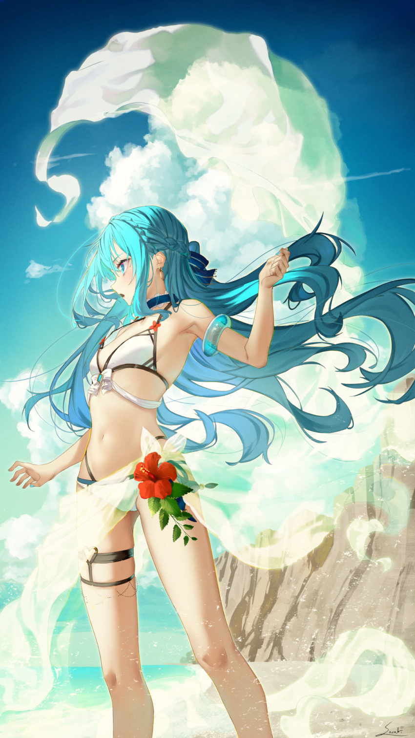 1girl bangs bare_legs beach bikini blue_choker blue_eyes blue_hair blue_nails blue_ribbon braid breasts choker cliff clouds cloudy_sky commentary_request day earrings feet_out_of_frame floating_hair flower hair_between_eyes hair_ribbon halter_top halterneck hand_up hibiscus highres inflatable_armbands jewelry long_hair looking_away nail_polish navel open_mouth original outdoors profile red_flower ribbon saraki sarong see-through signature sky small_breasts solo standing stomach swimsuit thigh_strap very_long_hair white_bikini