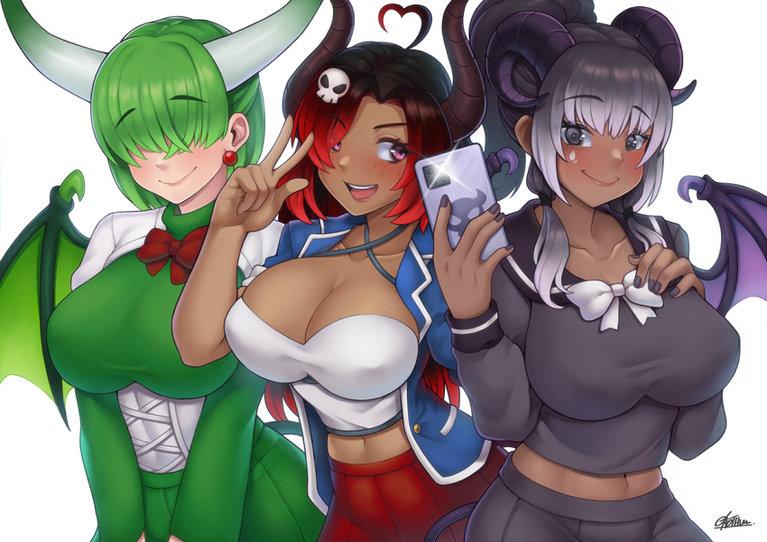 3girls ahoge bangs black_nails blush bow bowtie breasts cellphone collarbone commentary commission covered_nipples cowboy_shot dark-skinned_female dark_skin demon_girl demon_horns demon_wings drop_shadow earrings eyebrows_visible_through_hair freckles gaothun gradient gradient_background green_hair green_skirt green_wings grey_hair grey_shirt hair_ornament hair_over_eyes heart_ahoge horns jewelry large_breasts long_hair looking_at_viewer multiple_girls nail_polish navel open_mouth original phone pink_eyes pleated_skirt ponytail red_bow redhead sailor_collar selfie shirt short_hair skirt skull_hair_ornament smartphone smile v w wings