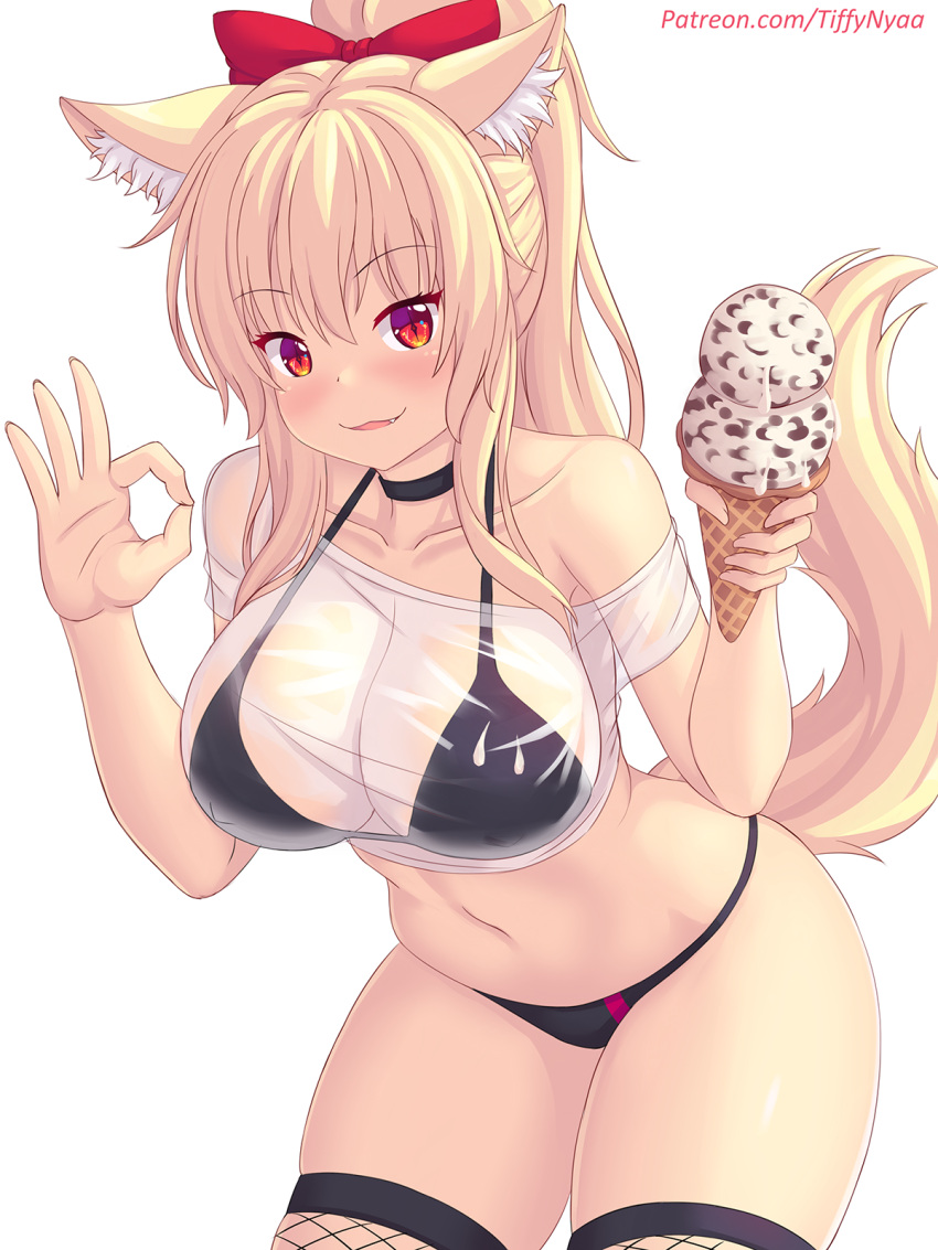 1girl :3 animal_ear_fluff animal_ears armpit_peek bangs bikini black_bikini black_choker black_legwear blonde_hair breasts choker collarbone covered_nipples cowboy_shot crop_top english_commentary eyebrows_visible_through_hair fang fingernails fishnet_legwear fishnets food hair_ribbon highres holding holding_food ice_cream ice_cream_cone leaning_forward looking_at_viewer midriff navel nottytiffy off_shoulder ok_sign open_mouth original patreon_username red_eyes red_ribbon ribbon see-through_shirt slit_pupils solo swimsuit tail thick_thighs thighs tiffy_(nottytiffy) white_background