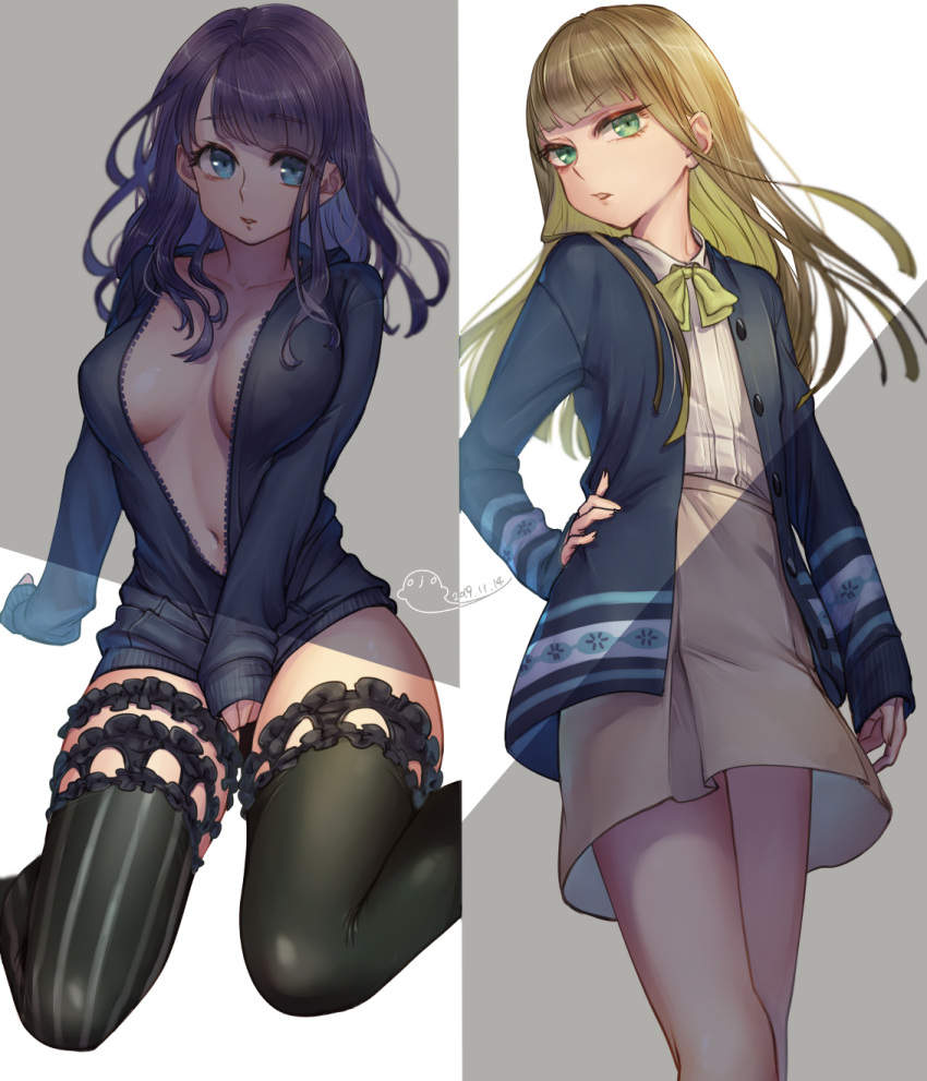 1boy 1girl :o asymmetrical_legwear bangs beige_skirt blue_coat blue_eyes blue_hair blue_hoodie brown_hair coat crossdressinging green_eyes green_legwear gretel_(sinoalice) grey_background hair_between_eyes hand_on_hip highres hood hoodie long_hair long_sleeves looking_at_viewer mismatched_legwear ningyo_hime_(sinoalice) ojo_aa open_mouth polo_shirt shirt sinoalice sitting thigh-highs trap two-tone_background wariza white_background white_shirt