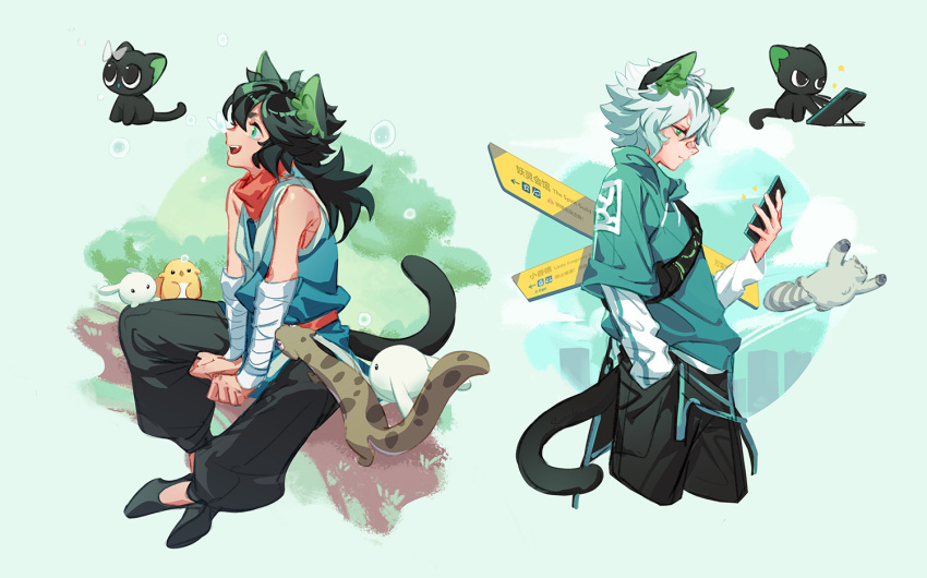 1boy animal_ears bandaid bandaid_on_nose bidiu_(the_legend_of_luoxiaohei) black_cat black_footwear black_hair black_pants cat cat_boy cat_ears cat_tail cropped_legs hand_in_pocket layered_sleeves long_hair long_sleeves luoxiaohei multiple_views open_mouth pants profile shoes short_hair short_over_long_sleeves short_sleeves sign sitting sleeveless smile suncle tail the_legend_of_luo_xiaohei white_hair