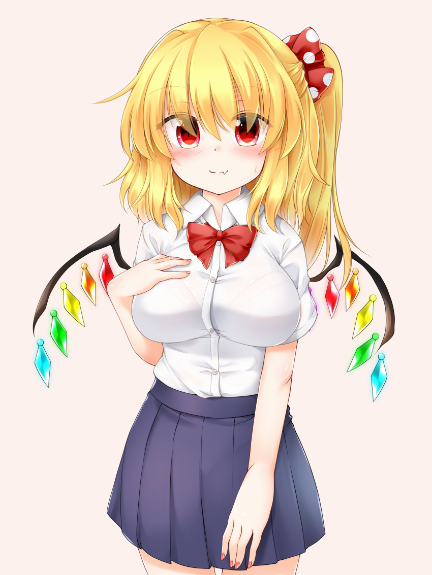 1girl bangs blonde_hair blue_skirt blush bow bra bra_through_clothes bralines breasts closed_mouth collar crystal eyebrows_visible_through_hair eyes_visible_through_hair flandre_scarlet hair_between_eyes hand_on_own_chest highres looking_at_viewer marukyuu_ameya medium_breasts medium_hair multicolored multicolored_wings no_hat no_headwear pink_background pink_bra ponytail red_bow red_eyes red_neckwear school_uniform see-through shirt short_sleeves simple_background skirt smile solo standing touhou underwear white_collar white_shirt white_sleeves wings