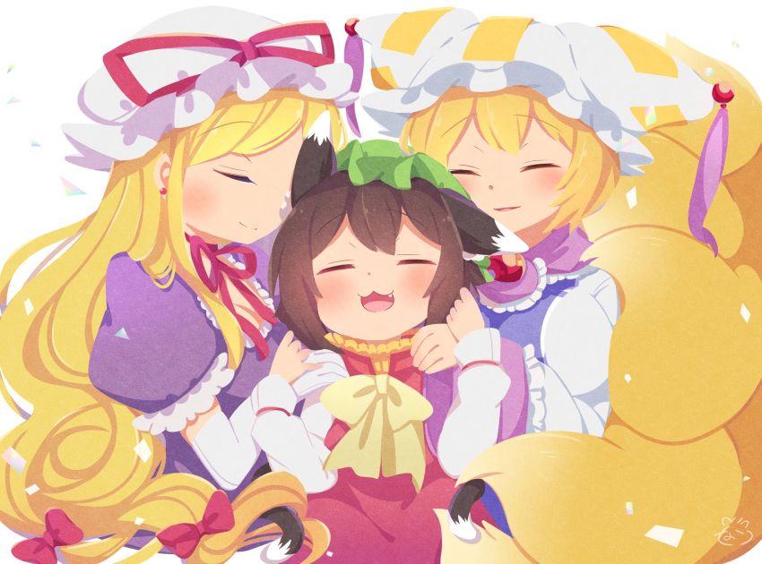 3girls :3 :d animal_ears bangs blonde_hair blush bow brown_hair cat_ears cat_tail chen choker closed_eyes closed_mouth commentary_request dress elbow_gloves eyebrows_visible_through_hair fang fox_ears fox_tail frills gloves gold_trim green_headwear hair_bow hair_ribbon hat hat_ribbon highres ibaraki_natou long_hair long_sleeves mob_cap multiple_girls multiple_tails nekomata no_lineart open_mouth parted_lips pillow_hat puffy_short_sleeves puffy_sleeves purple_dress red_bow red_choker red_dress red_ribbon ribbon ribbon_choker short_hair short_sleeves signature simple_background smile tabard tail touhou tress_ribbon two_tails upper_body very_long_hair white_background white_dress white_headwear wide_sleeves yakumo_ran yakumo_yukari yellow_bow yellow_neckwear