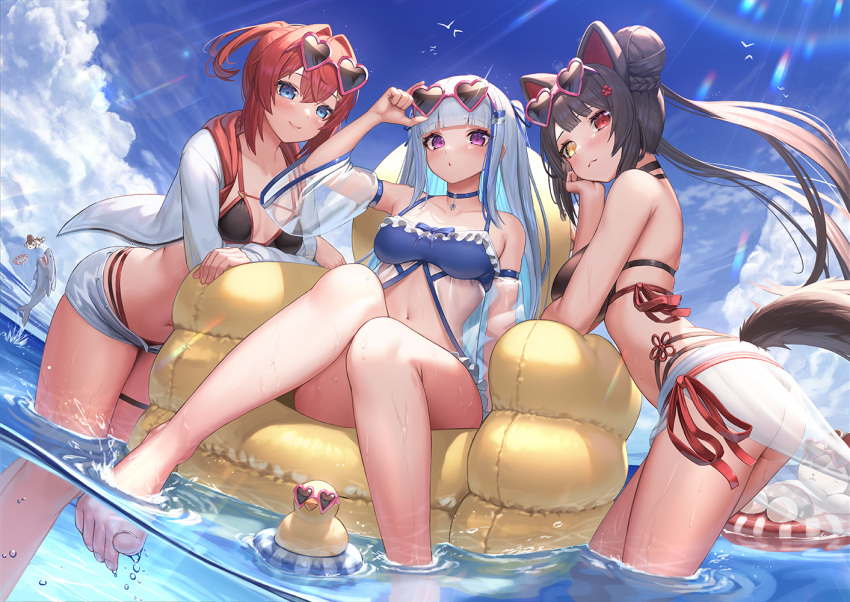 3girls ange_katrina animal_ears ass bangs bare_legs barefoot bikini bird black_bikini black_hair blue_bikini blue_choker blue_eyes blue_hair blue_ribbon blue_sky blunt_bangs blush braid breasts chick choker closed_mouth collarbone colored_inner_hair commentary_request day detached_sleeves eyebrows_visible_through_hair eyewear_on_head hair_bun hair_ribbon heart heart-shaped_eyewear heterochromia inflatable_chair innertube inui_toko jacket lens_flare lize_helesta long_hair long_sleeves looking_at_viewer medium_breasts multicolored_hair multiple_girls navel nijisanji open_clothes open_jacket outdoors parted_lips red_eyes redhead revision ribbon rubber_duck sarong sebastian_piyodore see-through_sleeves shark shorts silver_hair sitting sky small_breasts smile soaking_feet streaked_hair sunglasses suraimu_(suraimuraimu) swimsuit tail thigh_strap two-tone_hair violet_eyes virtual_youtuber wading water wet yellow_eyes