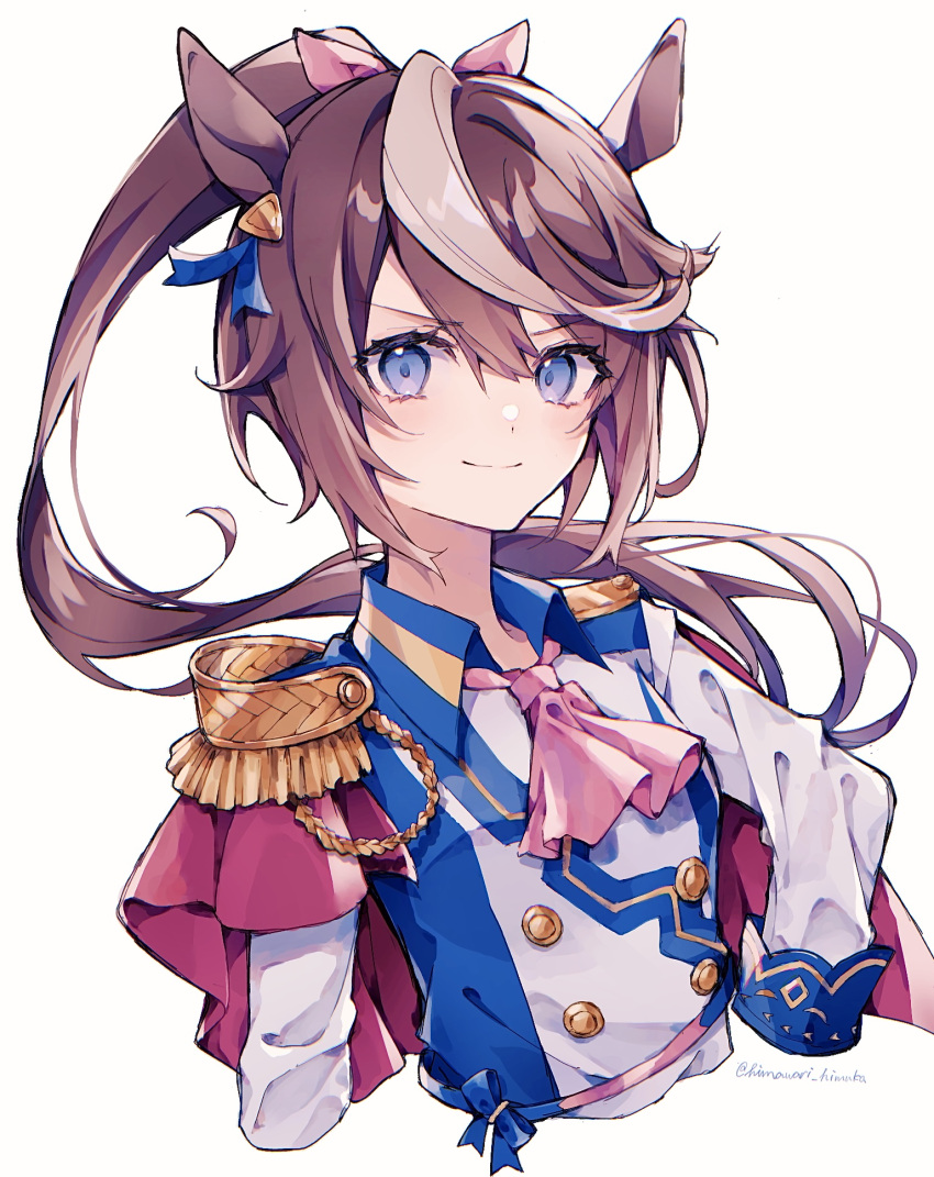 1girl ascot blue_eyes blue_jacket brown_hair buttons cape closed_mouth cropped_torso double-breasted epaulettes hair_flaps hand_on_hip high_ponytail highres himawari_himuka horse_girl jacket long_hair long_sleeves looking_at_viewer multicolored_hair pink_neckwear red_cape signature single_epaulette smile solo streaked_hair tokai_teio_(umamusume) twitter_username two-tone_hair two-tone_jacket umamusume upper_body v-shaped_eyebrows white_hair white_jacket