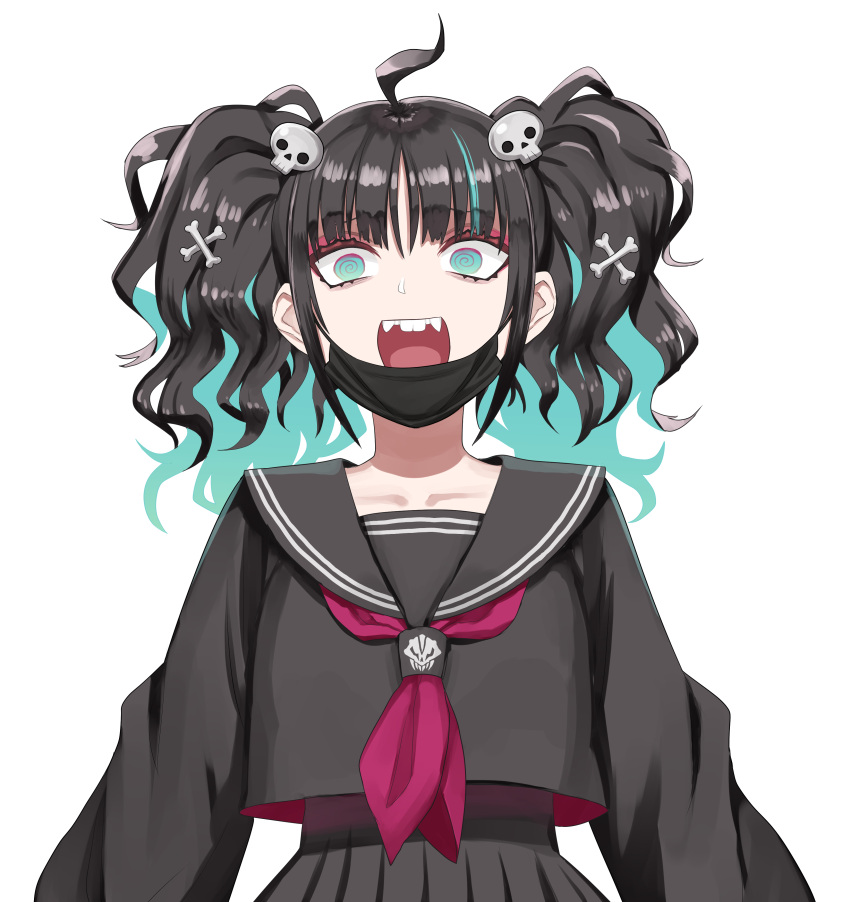 1girl absurdres ahoge arms_at_sides bags_under_eyes bangs black_hair black_sailor_collar black_serafuku black_shirt black_skirt bone_hair_ornament collarbone commentary_request drop_shadow eyebrows_visible_through_hair fangs green_eyes green_hair hair_ornament highres koma_neko long_sleeves looking_at_viewer mask mask_pull mouth_mask multicolored_hair neckerchief open_mouth original pleated_skirt purple_neckwear ringed_eyes sailor_collar school_uniform serafuku shiny shiny_hair shirt short_hair sidelocks simple_background skirt skull_hair_ornament solo streaked_hair surgical_mask twintails upper_body upper_teeth white_background