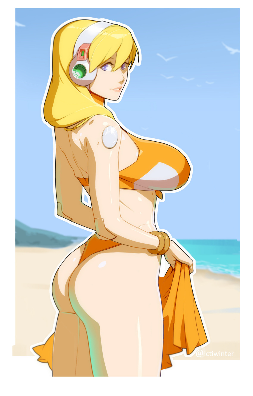 1girl absurdres ass beach bikini blonde_hair border breasts commentary copyright_request day from_side hair_over_shoulder headphones highleg highleg_bikini highres holding huge_breasts joints long_hair looking_at_viewer looking_to_the_side materclaws orange_bikini outdoors parted_lips robot_joints sand smile solo swimsuit violet_eyes white_border