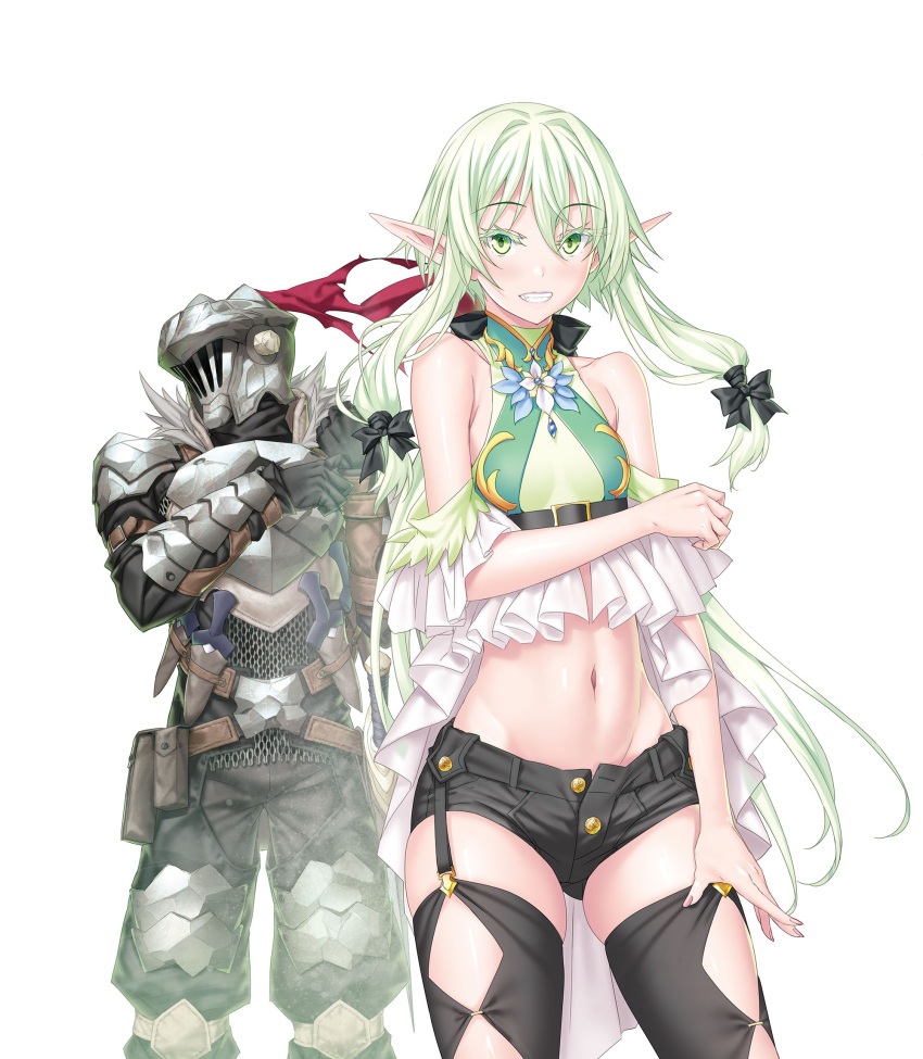 1boy 1girl armor black_shorts blush elf full_armor goblin_slayer goblin_slayer! green_eyes green_hair helm helmet high_elf_archer_(goblin_slayer!) highres kannatsuki_noboru knight long_hair midriff navel official_art open_mouth plume pointy_ears shiny shiny_hair shiny_skin shorts smile standing