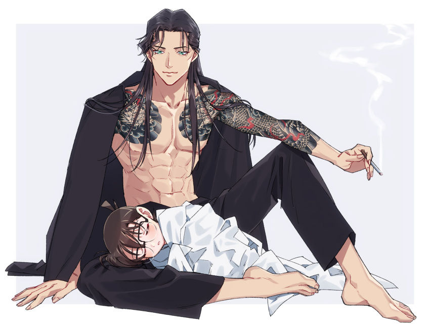 2boys abs akai_shuuichi arm_support arm_tattoo bangs barefoot black-framed_eyewear black_hair black_pants black_shirt blanket border brown_hair chest_tattoo child cigarette closed_eyes closed_mouth collarbone commentary_request dragon_tattoo edogawa_conan feet fingernails full_body glasses green_eyes highres holding holding_cigarette k_(gear_labo) knee_up light_blush long_hair long_sleeves looking_at_another looking_down lying male_focus meitantei_conan multiple_boys on_side open_clothes open_shirt outside_border pants parted_lips pectorals shirt short_hair sitting sleeping sleeping_on_person smile smoke smoking tattoo toenails toes toned toned_male white_border