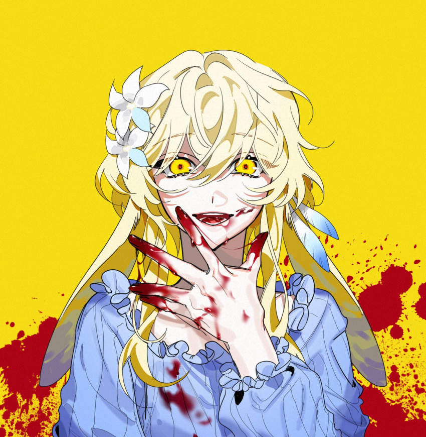 1girl blonde_hair blood blood_on_face blood_splatter bloody_clothes bloody_hands blue_dress commentary_request dress earrings eyebrows_visible_through_hair feather_earrings feathers flower frilled_shirt_collar frilled_sleeves frills genshin_impact hair_flower hair_ornament highres jewelry korean_commentary lumine_(genshin_impact) misusgalu open_mouth sidelocks simple_background single_earring smile solo white_flower yellow_background yellow_eyes
