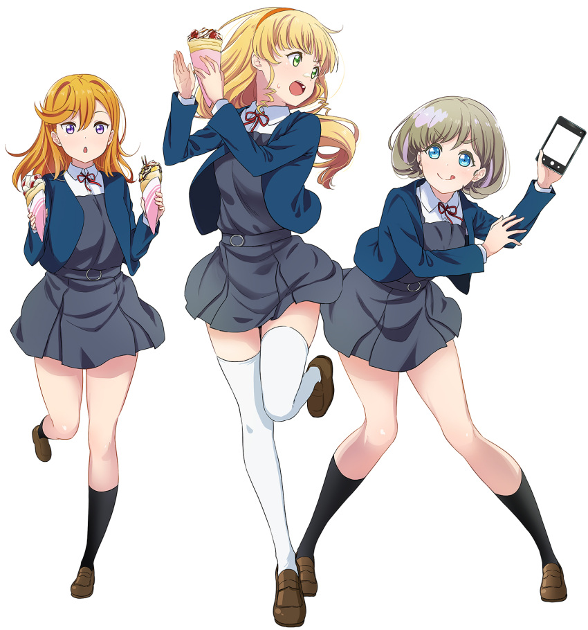 &gt;:p 3girls :o abe_kanari bangs bent_over blonde_hair blue_cardigan blue_eyes brown_footwear cardigan cellphone collared_shirt cream cream_on_face crepe dress eyebrows_visible_through_hair floating_hair food food_on_face full_body green_eyes grey_dress hairband heanna_sumire highres holding holding_food holding_phone legs legs_apart light_brown_hair loafers long_hair love_live! love_live!_superstar!! multicolored_hair multiple_girls neck_ribbon open_mouth orange_hair orange_hairband phone ribbon school_uniform shibuya_kanon shirt shoes short_hair simple_background smartphone standing standing_on_one_leg streaked_hair sweatdrop swept_bangs tang_keke thigh-highs thighs tongue tongue_out two-tone_hair v-shaped_eyebrows violet_eyes white_background white_legwear yuigaoka_school_uniform zettai_ryouiki