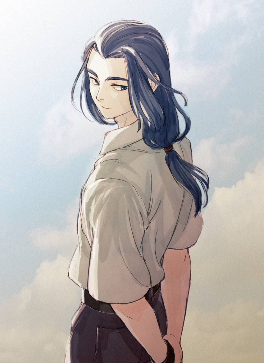 1boy arms_behind_back black_hair black_pants clouds collared_shirt cowboy_shot from_behind highres long_hair looking_back low-tied_long_hair micho pants shirt shirt_tucked_in short_sleeves smile solo the_legend_of_luo_xiaohei white_shirt wuxian_(the_legend_of_luoxiaohei)