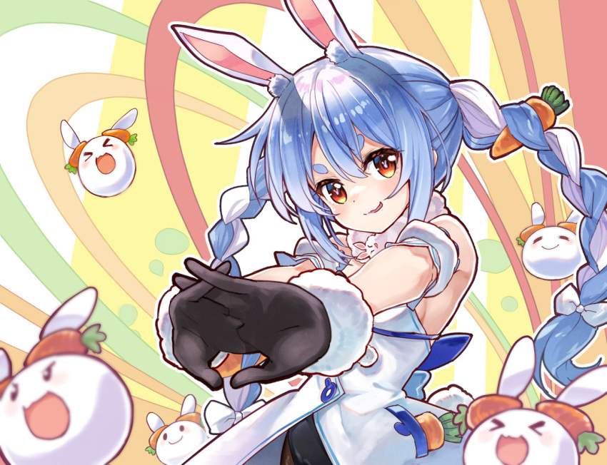 1girl animal_ear_fluff animal_ears arm_cuffs blue_hair braid bunny-shaped_pupils bunny_tail carrot carrot_hair_ornament coat commentary_request don-chan_(usada_pekora) food-themed_hair_ornament fur-trimmed_coat fur-trimmed_gloves fur_scarf fur_trim gloves hair_ornament hololive long_hair looking_at_viewer multicolored_hair rabbit rabbit_ears rabbit_girl sakino_shingetsu short_eyebrows strapless_coat tail thick_eyebrows twin_braids twintails two-tone_hair usada_pekora virtual_youtuber white_coat white_hair