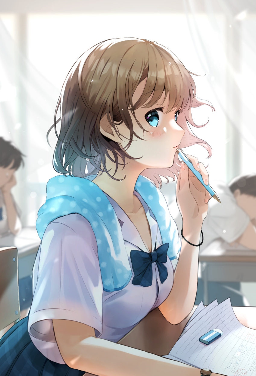 1girl blue_eyes blue_neckwear blue_skirt blue_towel blurry blurry_background blush bow bowtie bracelet breasts brown_hair classroom commentary_request desk eraser faceless highres holding holding_pen indoors jewelry light_smile looking_at_viewer medium_breasts original paper pen pleated_skirt shirt short_hair short_sleeves skirt solo tasuku_(otomebotan) towel towel_around_neck watch watch wavy_hair white_shirt