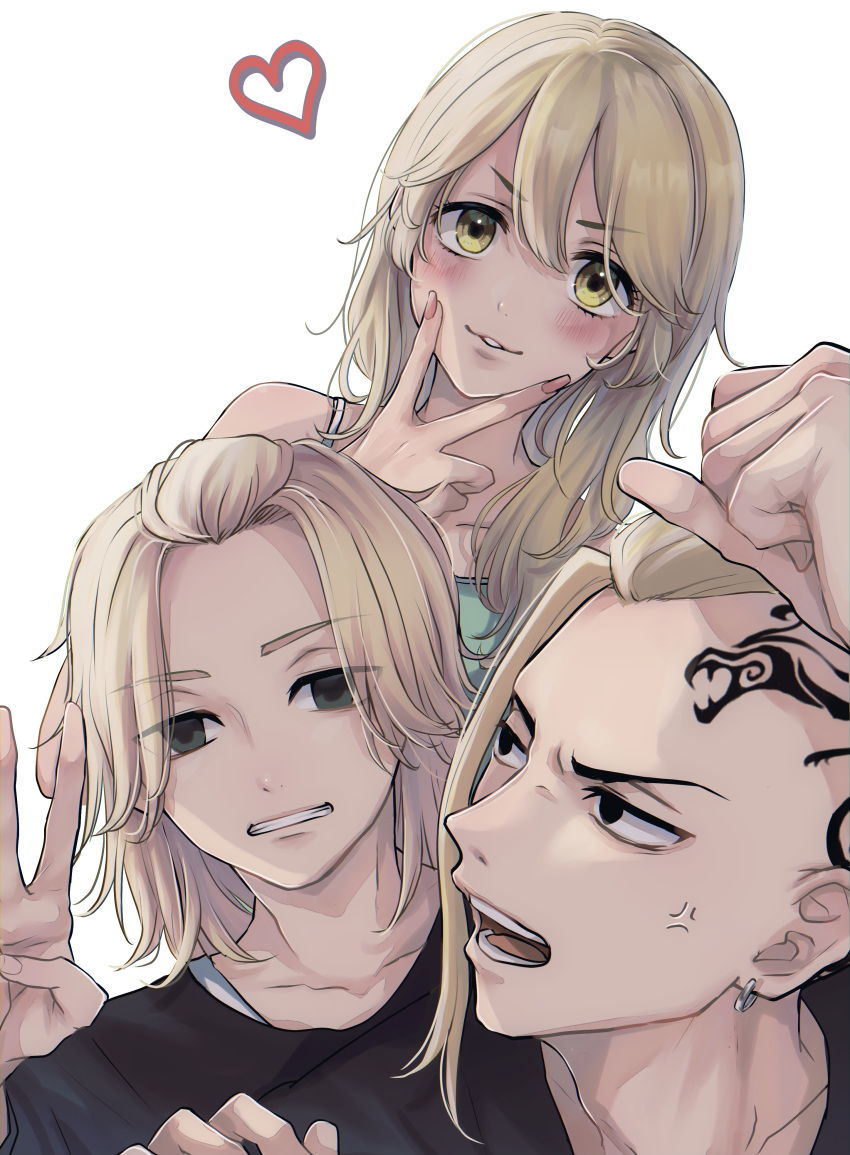 1girl 2boys absurdres anger_vein bangs black_eyes black_shirt blonde_hair blush brother_and_sister earrings empty_eyes eyes_visible_through_hair forehead hair_between_eyes hand_up heart highres jewelry long_hair looking_at_another looking_at_viewer maco_(crea-0328) medium_hair multiple_boys open_mouth parted_lips pink_nails ryuuguuji_ken sano_emma sano_manjirou shirt siblings simple_background single_earring smile tattoo teeth tokyo_revengers upper_body v v-shaped_eyebrows white_background yellow_eyes