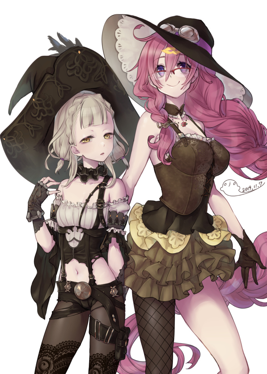2girls black_gloves black_headwear blonde_hair braid braided_ponytail breasts briar_rose_(sinoalice) briar_rose_(sinoalice)_(cosplay) brown_legwear brown_pants closed_mouth cosplay costume_switch dorothy_(sinoalice) dorothy_(sinoalice)_(cosplay) fingerless_gloves glasses gloves goggles hat highres long_hair looking_at_viewer multiple_girls navel nightgown open_mouth pants purple_hair short_hair short_sleeves simple_background single_thighhigh sinoalice sleeveless small_breasts thigh-highs twintails violet_eyes white_background witch_hat yellow_eyes