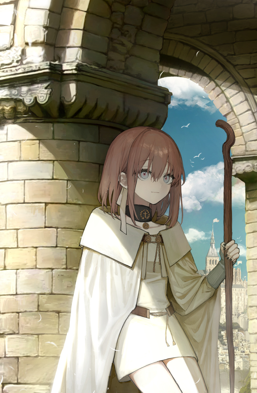 1girl against_wall arch bangs black_choker black_nails blue_sky brown_hair castle choker cloak closed_mouth clouds commentary_request cowboy_shot day dress es-ther eyebrows_visible_through_hair grey_eyes hair_between_eyes hand_up highres holding holding_staff long_sleeves looking_at_viewer medium_hair nail_polish original pillar sky solo staff standing white_cloak white_dress