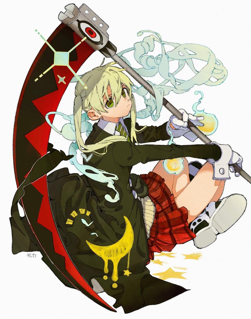 1girl absurdres bangs blonde_hair closed_mouth crescent daruma_owl gloves green_eyes green_neckwear highres holding holding_weapon long_hair long_sleeves maka_albarn necktie plaid plaid_skirt red_skirt scythe signature sitting skirt solo soul_eater sparkle star_(symbol) striped striped_neckwear twintails weapon white_gloves