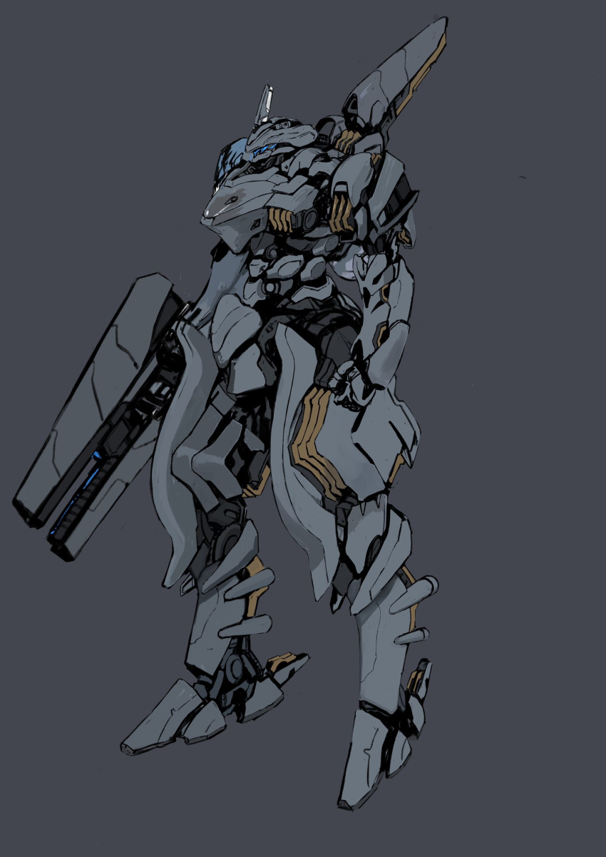 blue_eyes clenched_hand grey_background gun highres holding holding_gun holding_weapon looking_ahead mecha mikan_lemon no_humans original science_fiction solo standing weapon