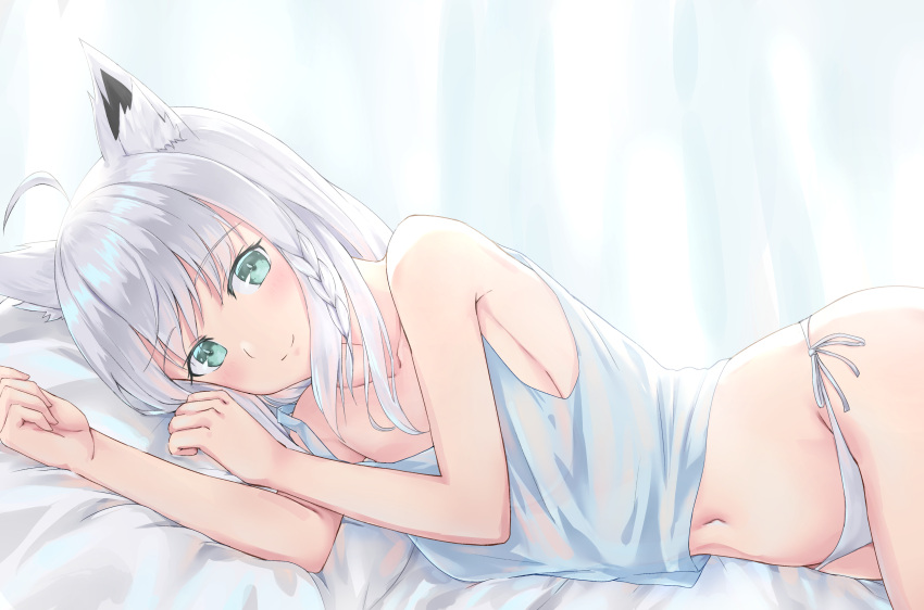 1girl absurdres ahoge animal_ear_fluff animal_ears bangs blue_eyes braid camisole collarbone eyebrows_visible_through_hair fox_ears highres hololive leeshin0919 looking_at_viewer lying navel on_bed on_side panties shirakami_fubuki side-tie_panties side_braid sidelocks smile solo underwear virtual_youtuber white_hair white_panties