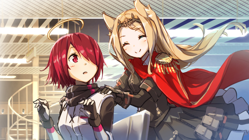 2girls animal_ears archetto_(arknights) arknights blonde_hair cape exusiai_(arknights) fingerless_gloves gloves halo hands_on_another's_shoulders hellnyaa heterochromia highres long_hair multiple_girls open_mouth red_eyes redhead short_hair skirt smile tiara