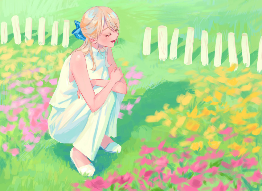 1girl blonde_hair blue_bow bow closed_eyes dyuba000 flower grass hair_bow highres long_hair open_mouth original pants pink_flower shadow shirt shoes sleeveless sleeveless_shirt smile solo squatting white_footwear white_pants white_shirt wide_shot yellow_flower