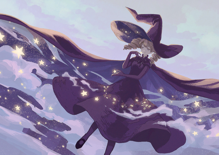 1girl bangs black_cape black_dress black_footwear black_headwear brown_hair cape clouds dress drill_hair hand_up hat highres monaka_(siromona) original shoes solo star_(symbol) twin_drills witch witch_hat