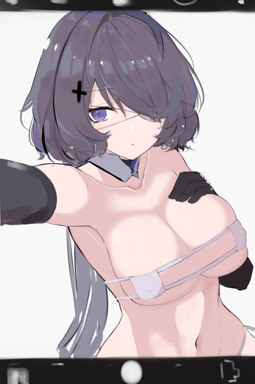 1girl absurdres arknights arm_up armpits asususususu bare_shoulders black_gloves bra breasts closed_mouth commentary_request elbow_gloves eyebrows_visible_through_hair eyepatch gloves hair_ornament hair_over_one_eye hand_on_own_chest highres long_sleeves medical_eyepatch medium_breasts phone_screen purple_hair selfie short_hair simple_background solo underwear upper_body violet_eyes whisperain_(arknights) white_background white_bra x_hair_ornament