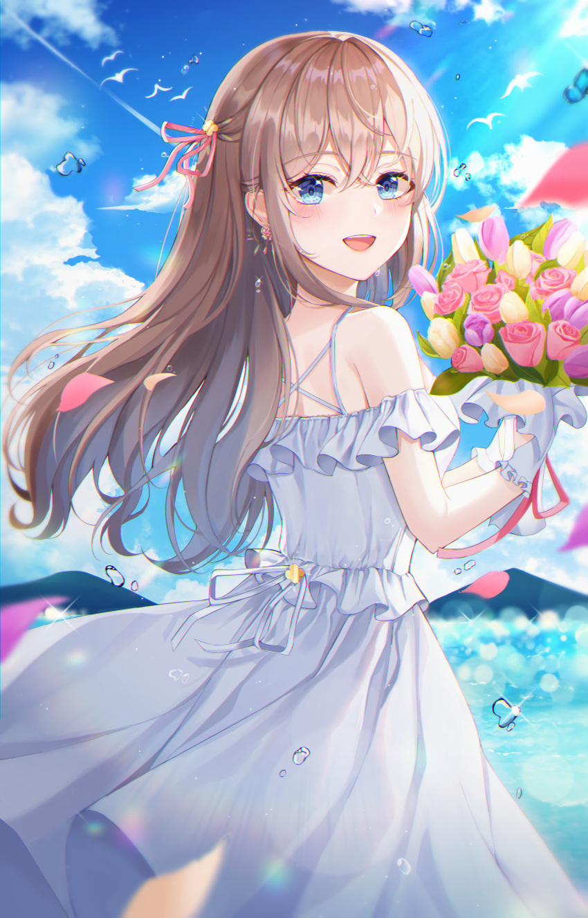 1girl :d absurdres bird blue_eyes blue_sky blurry blurry_foreground bouquet brown_hair clouds commentary_request condensation_trail cowboy_shot dress earrings eyebrows_visible_through_hair facing_to_the_side flower highres huge_filesize jewelry korean_commentary long_hair looking_at_viewer looking_back mountain ocean off-shoulder_dress off_shoulder open_mouth petals pink_flower purple_flower seagull sidelocks sky smile sparkle water water_drop white_dress yellow_flower yulha_06