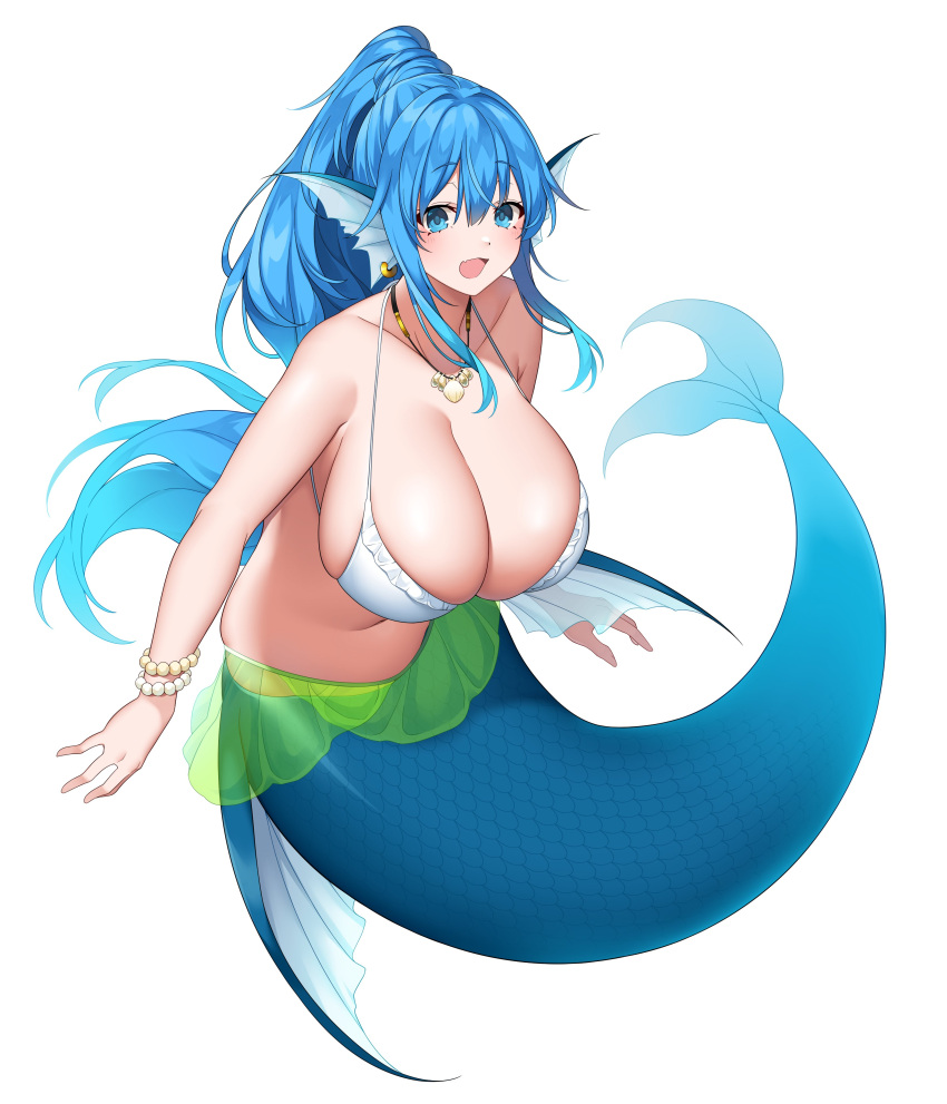 1girl :d absurdres bikini blue_eyes blue_hair breasts earrings fins highres jewelry kneeless_mermaid large_breasts looking_at_viewer mermaid monster_girl necklace open_mouth original scales smile solo suruga_(xsurugax) swimsuit white_background white_bikini