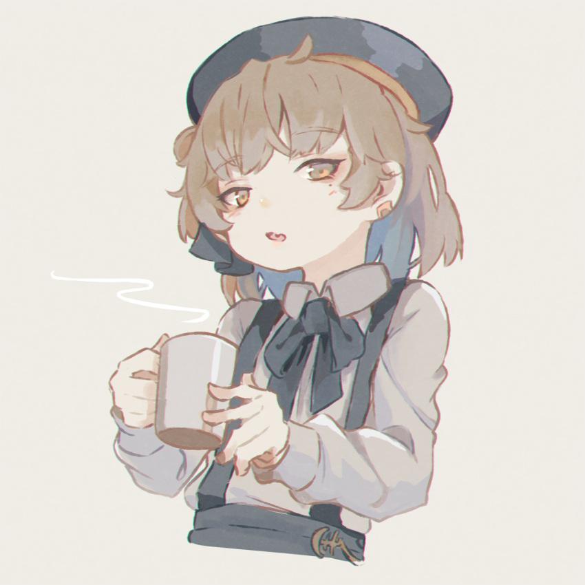 1girl bangs beret black_bow black_headwear black_skirt blush bow brown_eyes brown_hair collared_shirt commentary_request cropped_torso cup ear_piercing eyebrows_visible_through_hair fang hat hatoba_tsugu highres holding holding_cup kuro_kosyou long_sleeves looking_at_viewer mug parted_lips piercing shirt skirt solo steam suspender_skirt suspenders tsugu_(vtuber) upper_body virtual_youtuber white_shirt