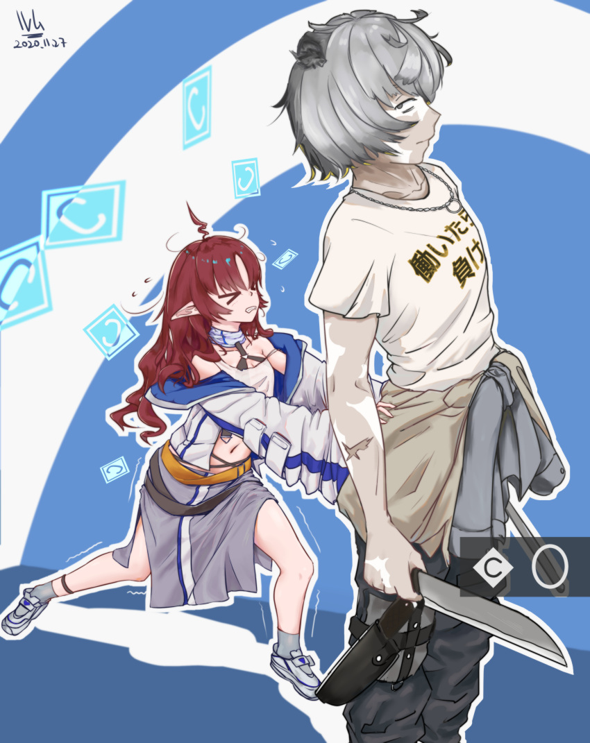 1boy 1girl 2020 absurdres arknights black_pants commentary_request dated dwarf gameplay_mechanics height_difference highres holding holding_weapon jaye_(arknights) jewelry knife long_hair myrtle_(arknights) navel necklace pants pointy_ears pushing redhead scar scar_on_arm weapon