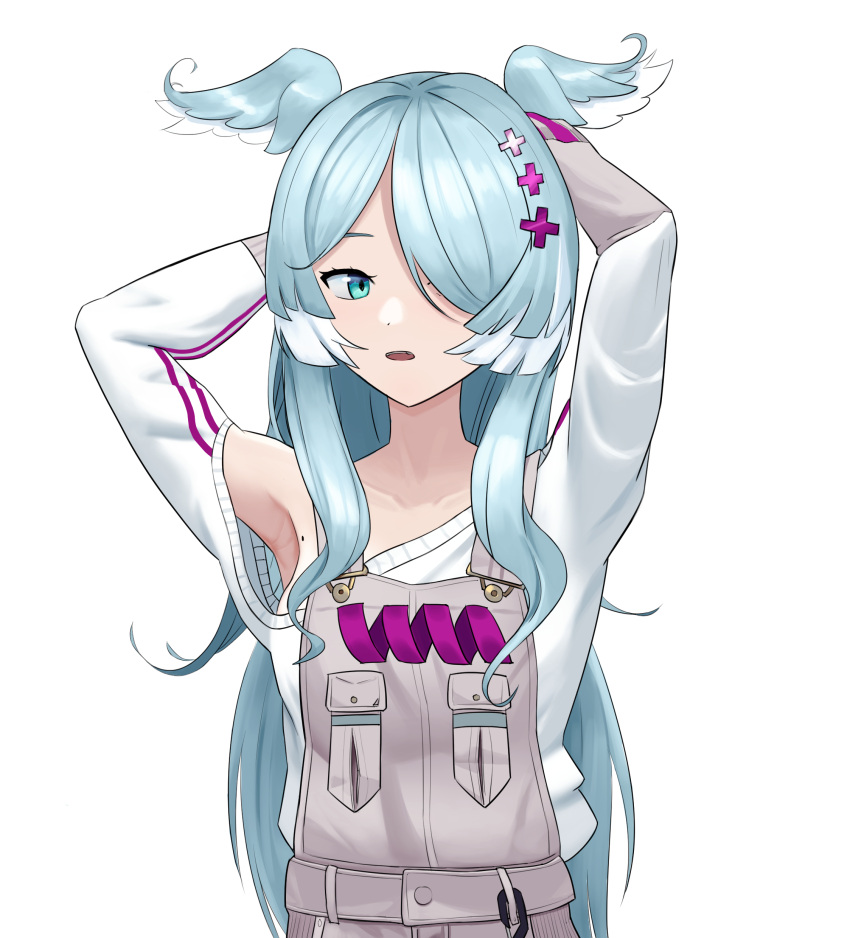 1girl absurdres animal_ears armpits arms_behind_head baggy_clothes bangs blue_eyes blue_hair breasts collarbone commentary dragon_ears dragon_girl elira_pendora english_commentary grey_overalls hair_ornament hair_over_one_eye highres long_hair medium_breasts mole mole_on_body nijisanji nijisanji_en off_shoulder one_eye_covered open_mouth overalls shift_(shiftillust) simple_background solo sweater virtual_youtuber white_background white_sweater