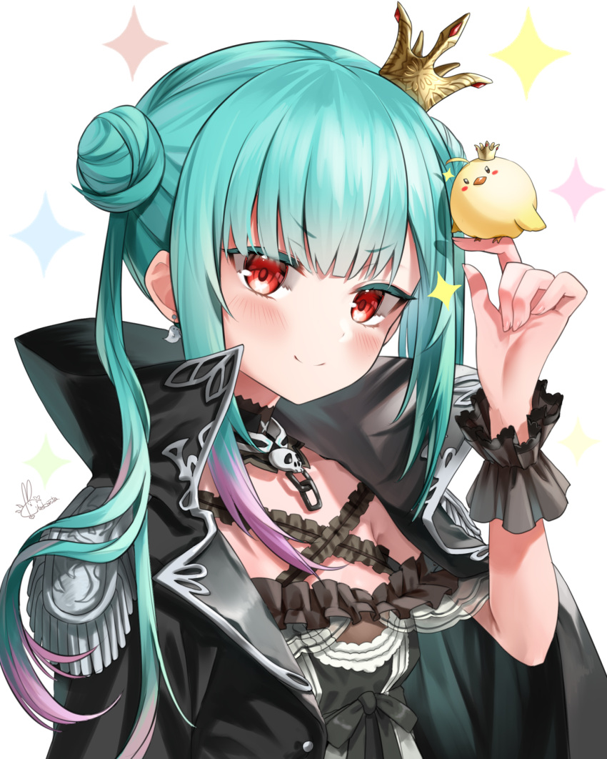 1girl bangs bird bird_on_finger black_choker black_cloak black_dress blush chick choker cloak closed_mouth commentary_request crown double_bun dress earrings epaulettes eyebrows_visible_through_hair frills green_hair hand_up highres hololive jewelry kito_koruta long_hair looking_at_viewer mini_crown multicolored_hair pink_hair piyoko_(uruha_rushia) red_eyes short_eyebrows sidelocks signature simple_background smile solo sparkle streaked_hair twintails upper_body uruha_rushia v-shaped_eyebrows virtual_youtuber white_background wrist_cuffs