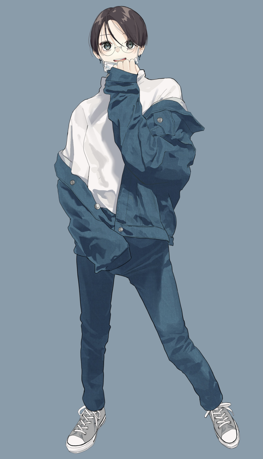 1girl absurdres black_hair blue_background blue_jacket blue_pants full_body grey_footwear highres jacket mask mask_pull mouth_mask original pants shadow shirt shoes short_hair simple_background sleeves_past_wrists solo standing un_(un0044) white_mask white_shirt