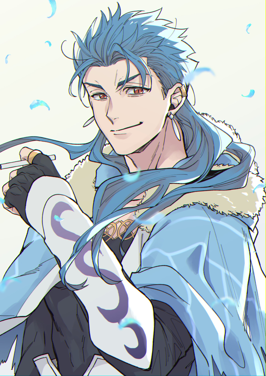 0343_u 1boy absurdres blue_hair capelet cigarette closed_mouth cu_chulainn_(caster)_(fate) cu_chulainn_(fate)_(all) earrings fate/grand_order fate_(series) floating_hair fur-trimmed_hood fur_trim grin highres holding holding_cigarette hood hood_down hooded_capelet jewelry long_hair looking_at_viewer male_focus multiple_earrings multiple_piercings red_eyes slit_pupils smile solo spiky_hair vambraces