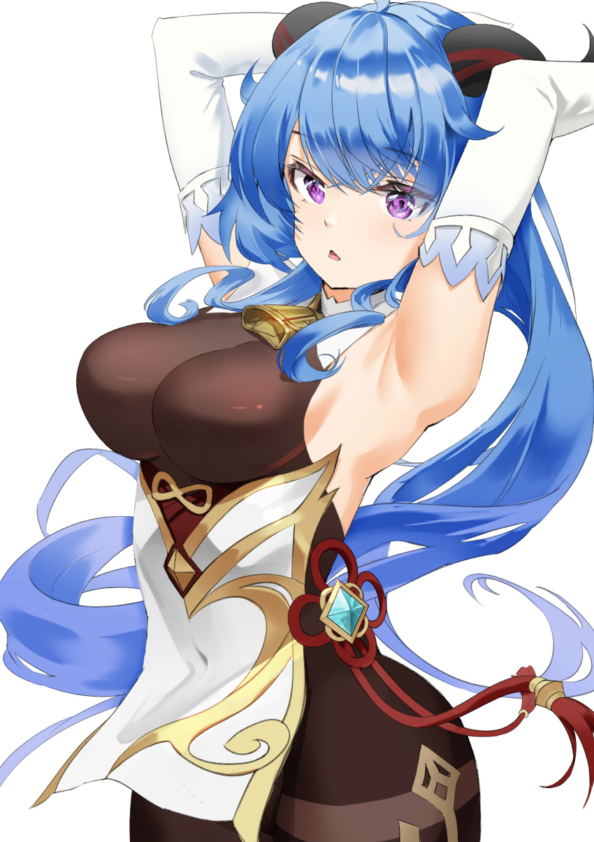 armpits bell black_bodysuit blue_hair bodysuit breasts covered_navel cowbell detached_sleeves ganyu_(genshin_impact) genshin_impact goat_horns gold_trim highres horns kian large_breasts long_hair open_mouth solo violet_eyes vision_(genshin_impact) white_background