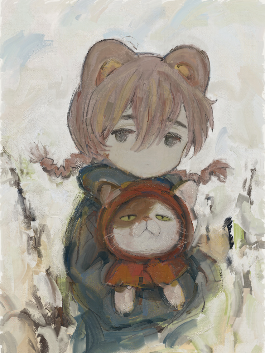 1girl :| absurdres animal animal_ears bear_ears bear_girl black_eyes blue_hoodie braid brown_hair cat ciel_(paradis47) closed_mouth expressionless faux_traditional_media hair_between_eyes highres holding holding_animal holding_cat hood hood_down hoodie long_hair looking_at_viewer no_pupils original raised_eyebrows red_shawl shawl sidelocks solo twin_braids upper_body