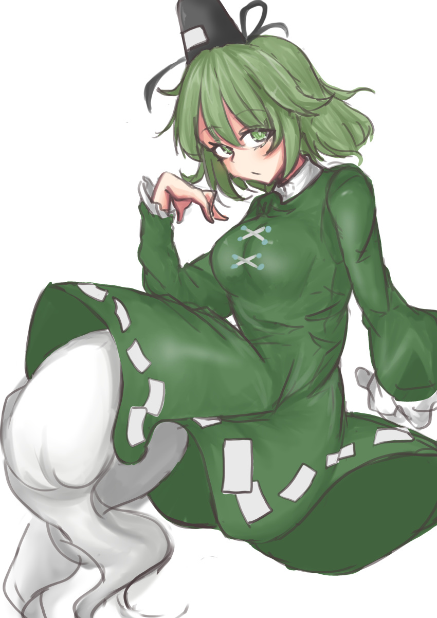 1girl absurdres bangs black_headwear breasts closed_mouth cross-laced_clothes dress eyebrows_visible_through_hair eyes_visible_through_hair frills ghost_tail green_dress green_eyes green_hair hair_between_eyes hand_up hat highres kuraki long_sleeves looking_at_viewer medium_breasts ofuda ofuda_on_clothes short_hair simple_background sitting soga_no_tojiko solo tate_eboshi touhou white_background
