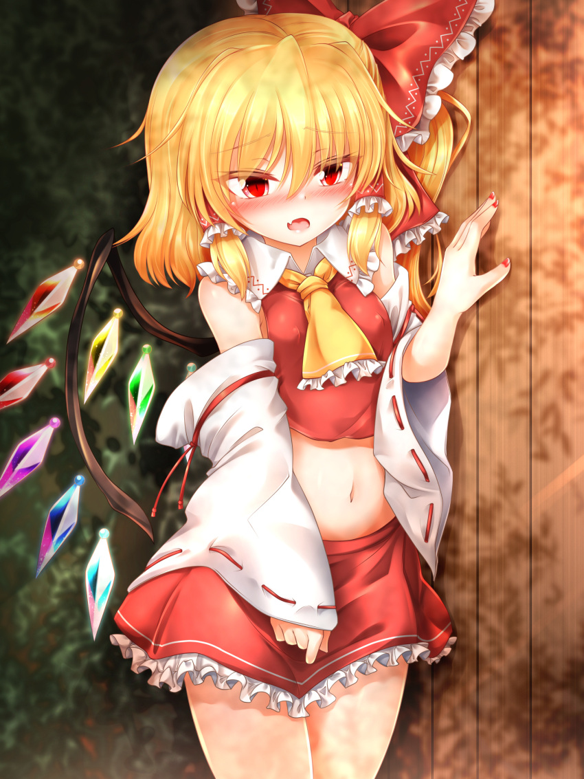 1girl bangs bare_shoulders blonde_hair blush bow breasts bush collar cosplay crystal detached_sleeves eyebrows_visible_through_hair eyes_visible_through_hair flandre_scarlet hair_between_eyes hair_bow hair_tubes hakurei_reimu hakurei_reimu_(cosplay) hand_up highres japanese_clothes light long_sleeves looking_away marukyuu_ameya miko miniskirt multicolored multicolored_wings open_mouth ponytail red_bow red_eyes red_nails red_skirt red_vest shadow short_hair skirt small_breasts solo standing stomach touhou vest wall white_collar white_sleeves wings yellow_neckwear