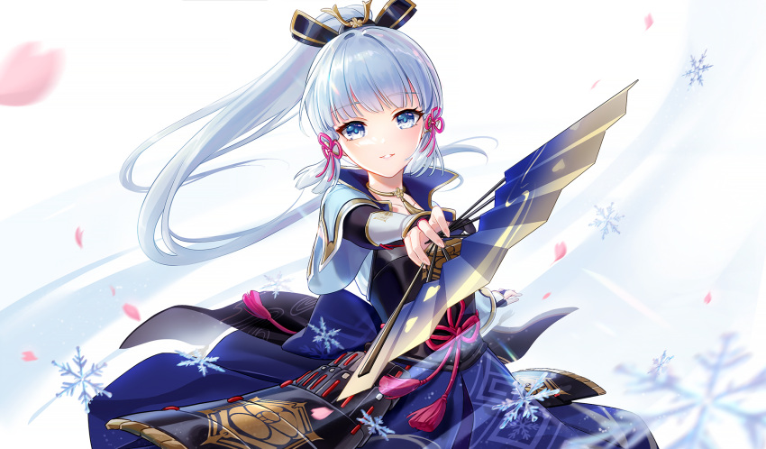 1girl arm_guards armor armored_dress ayaka_(genshin_impact) bangs black_gloves blue_dress blue_eyes blunt_bangs blush breastplate breasts dress elbow_gloves fan fingerless_gloves folding_fan genshin_impact gloves hair_ornament highres japanese_armor jewelry lalazyt light_blue_hair long_hair looking_at_viewer medium_breasts neck_ring ponytail rope sidelocks smile solo tassel