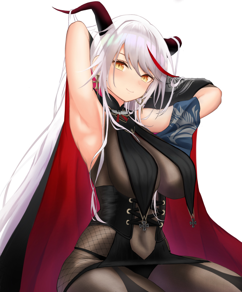 1girl absurdres aegir_(azur_lane) armpits azur_lane bare_shoulders black_cape bodystocking breast_curtains breasts cape cross cross_earrings demon_horns earrings highres horns iron_cross jewelry large_breasts long_hair looking_at_viewer multicolored_hair redhead sazuna_(user_gepn5443) simple_background sitting smile streaked_hair two-tone_hair very_long_hair white_background white_hair yellow_eyes