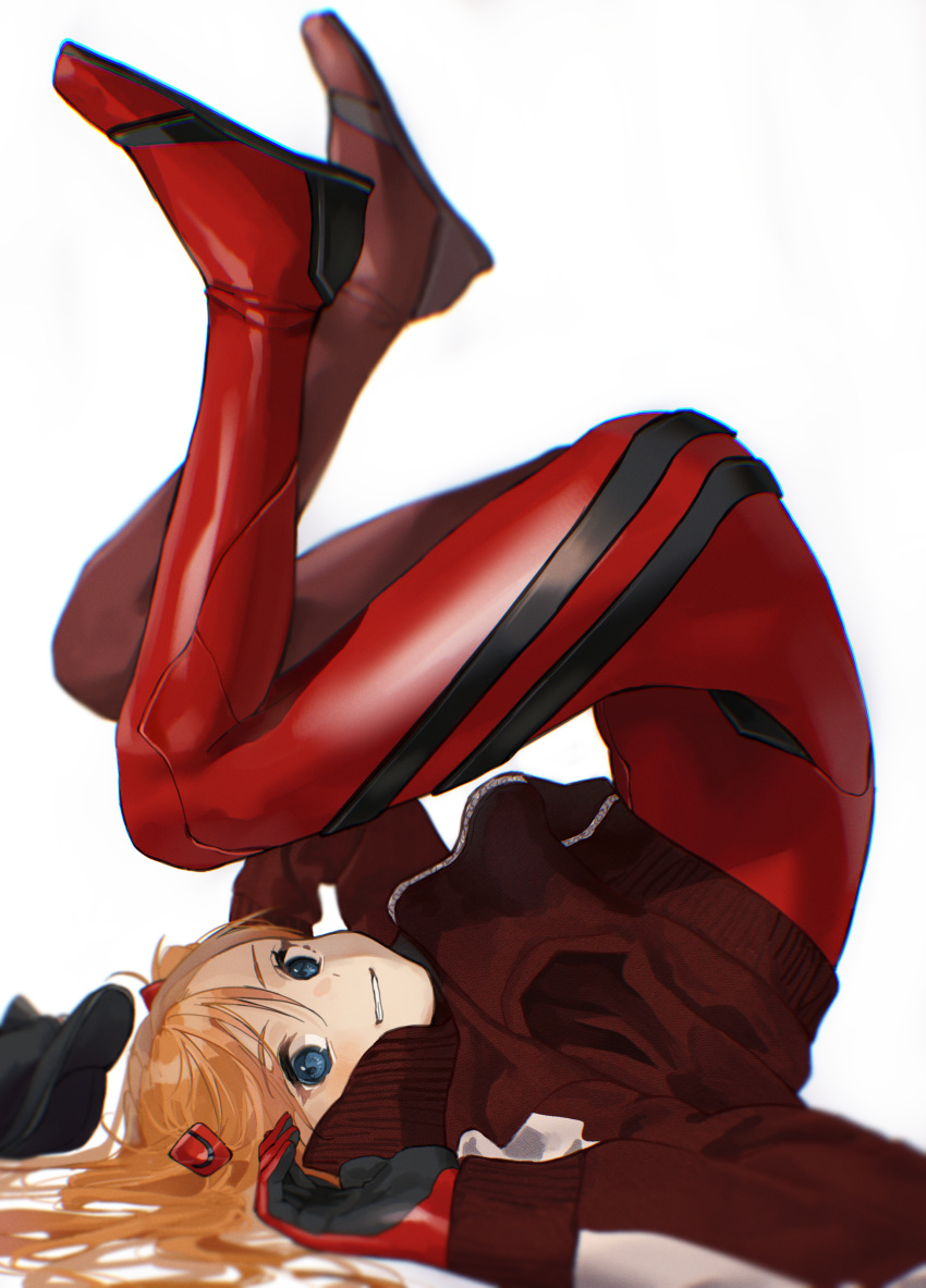 1girl absurdres blue_eyes bodysuit chromatic_aberration full_body highres huge_filesize legs_up looking_at_viewer neon_genesis_evangelion orange_hair parted_lips red_bodysuit simple_background smile solo souryuu_asuka_langley un_(un0044) upside-down white_background