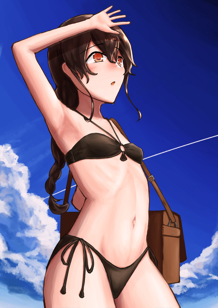 1girl bag bikini black_bikini blue_sky braid brown_hair clouds condensation_trail cowboy_shot highres kantai_collection long_hair messenger_bag o-ring o-ring_bikini o-ring_top open_clothes orange_eyes owada_(kousonhuchi) shading_eyes shoulder_bag side-tie_bikini single_braid sky souya_(kancolle) swimsuit