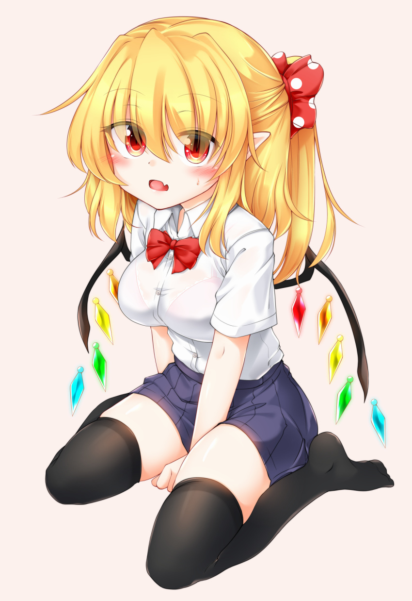 1girl bangs black_legwear blonde_hair blue_skirt blush bow bra bra_through_clothes bralines breasts buttons collar crystal eyebrows_visible_through_hair eyes_visible_through_hair flandre_scarlet hair_between_eyes highres looking_at_viewer marukyuu_ameya medium_breasts medium_hair multicolored multicolored_wings no_hat no_headwear no_shoes open_mouth pink_background pink_bra ponytail red_bow red_eyes red_neckwear school_uniform see-through seiza shirt short_sleeves simple_background sitting skirt solo thigh-highs touhou underwear wet wet_clothes wet_shirt white_collar white_shirt white_sleeves wings